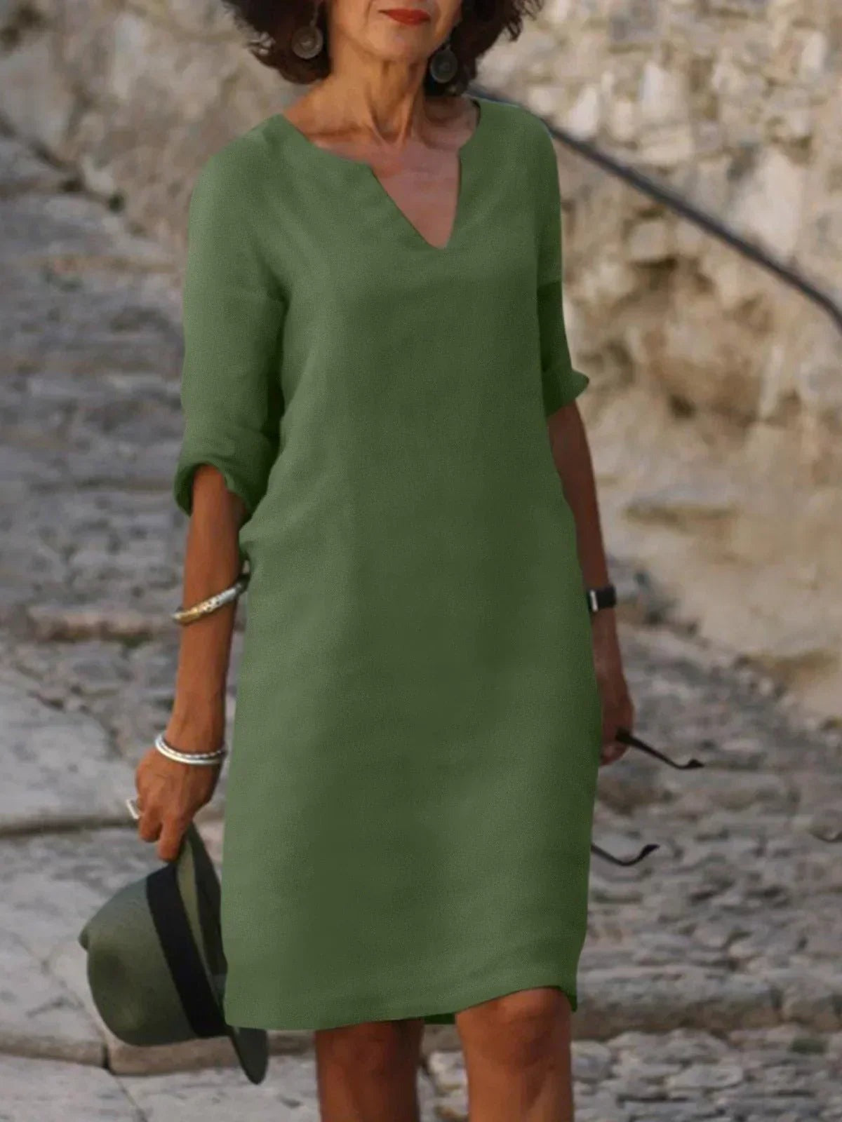 Casual V Neck Shift Dress - Olive Green