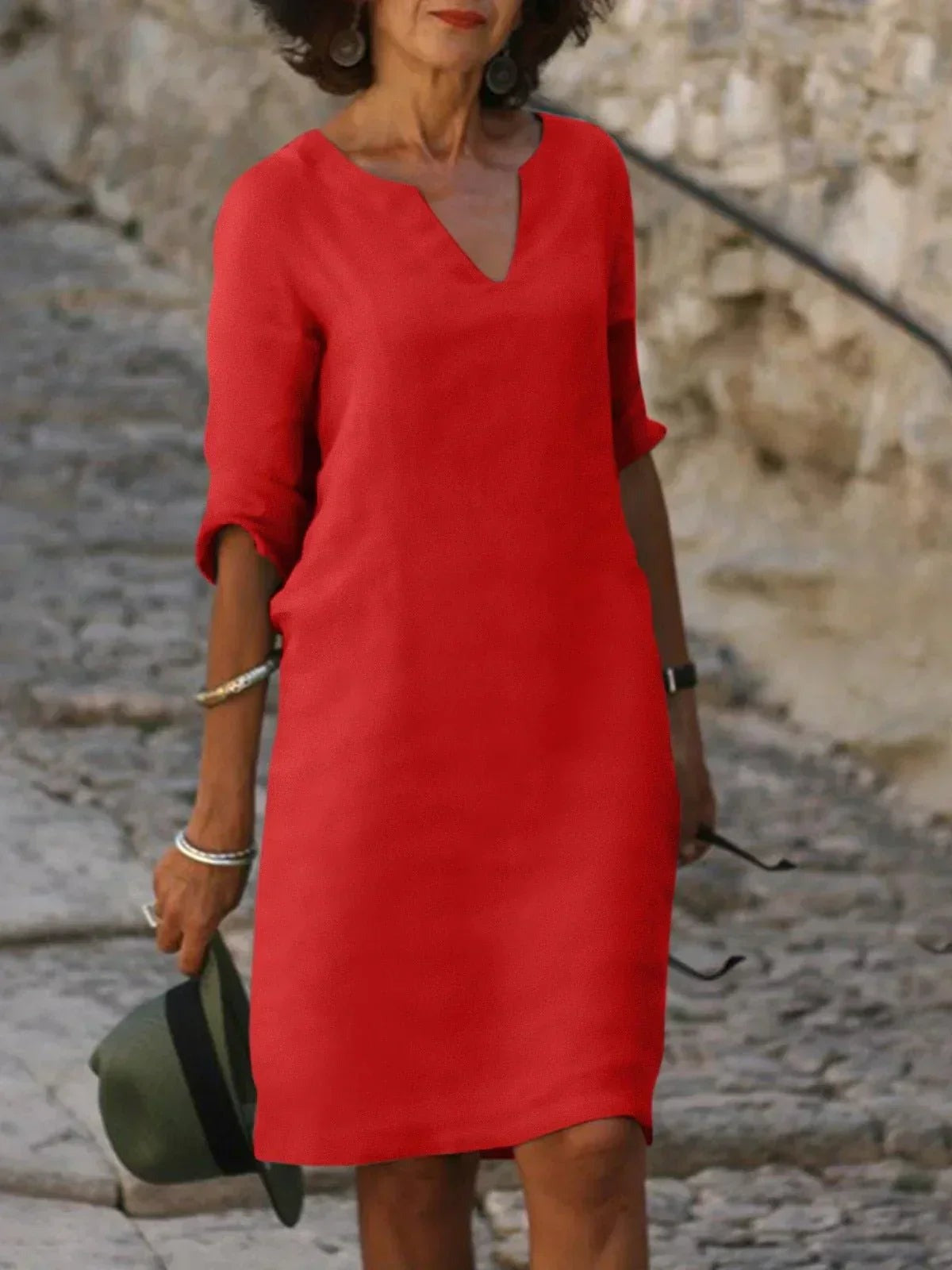 Casual V Neck Shift Dress - Red