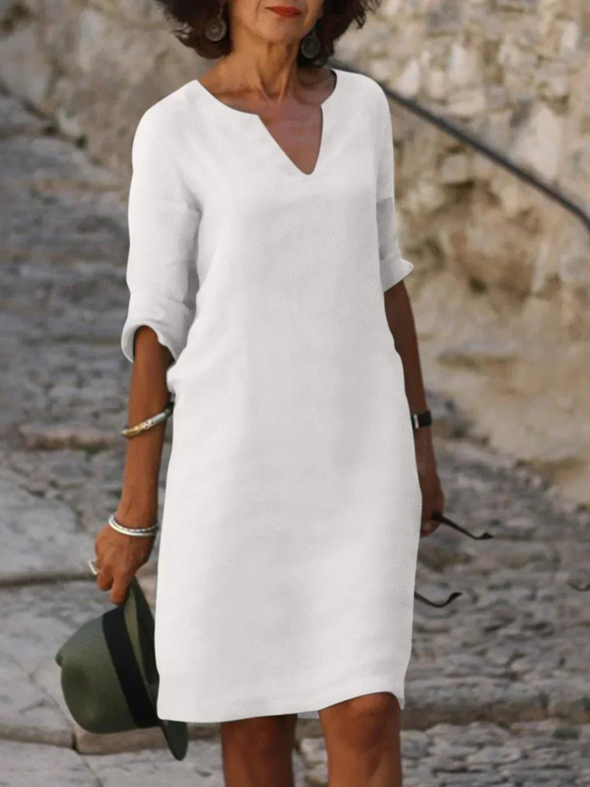 Casual V Neck Shift Dress - White