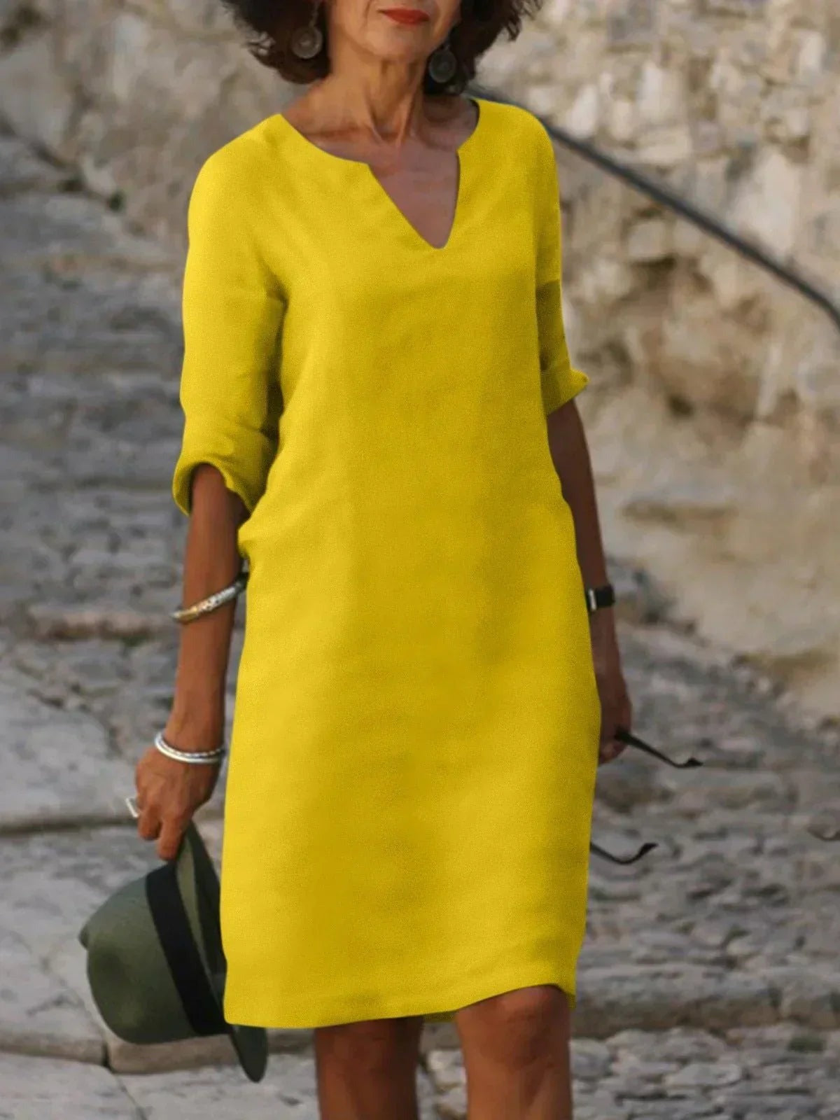 Casual V Neck Shift Dress - Yellow