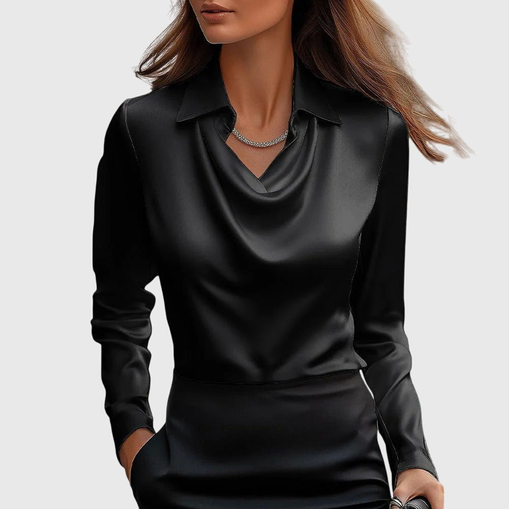 Cowl Neck Long Sleeve Blouse - Black