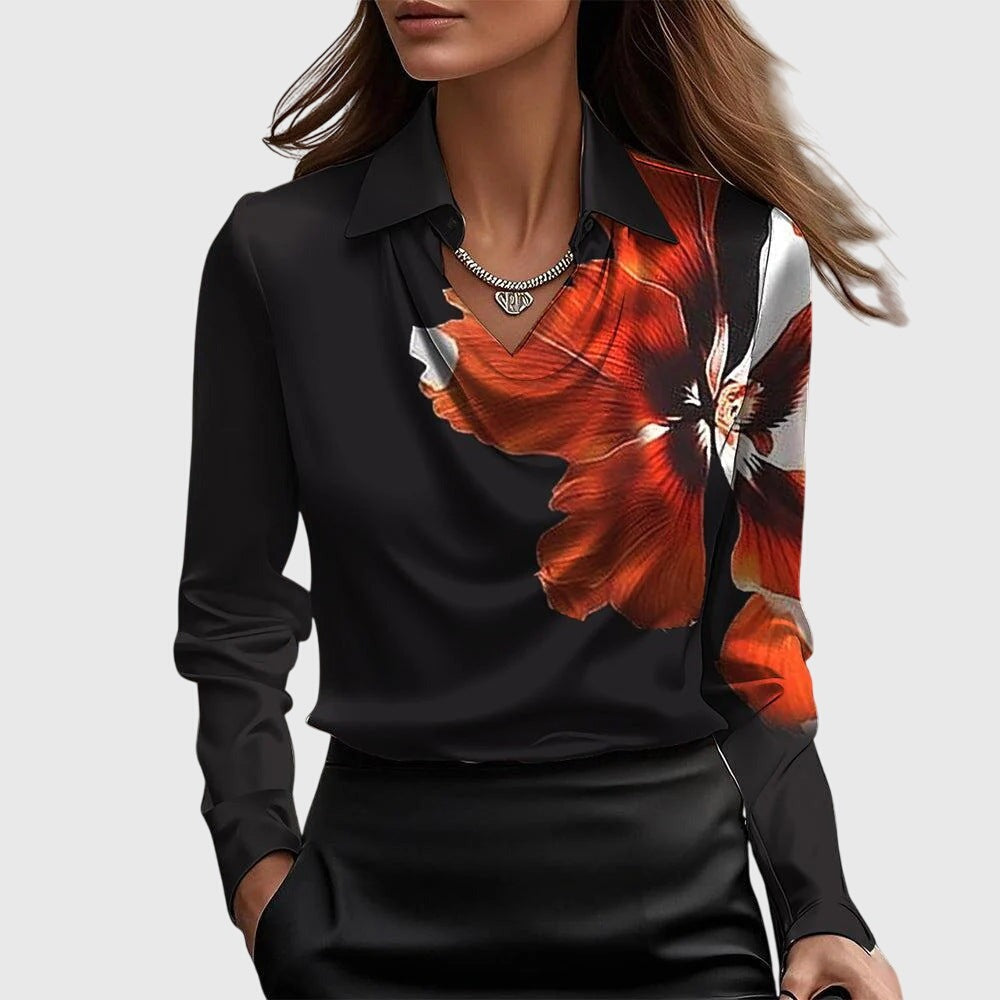Cowl Neck Long Sleeve Blouse - Black Red