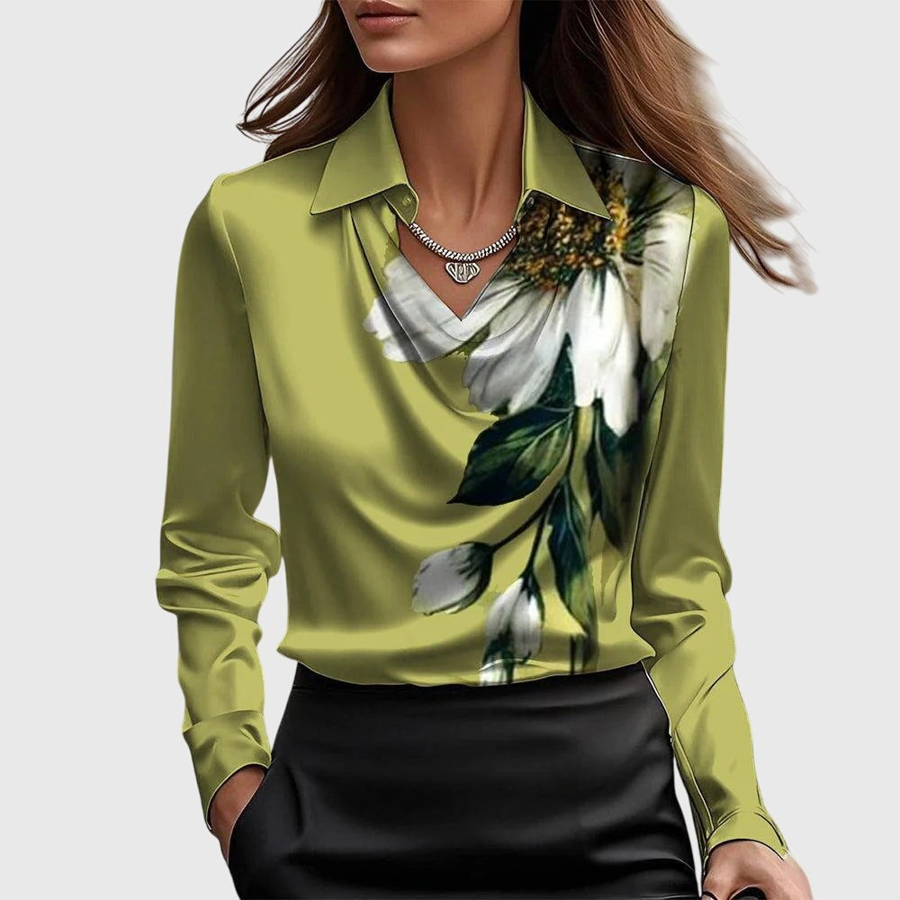 Cowl Neck Long Sleeve Blouse - Green
