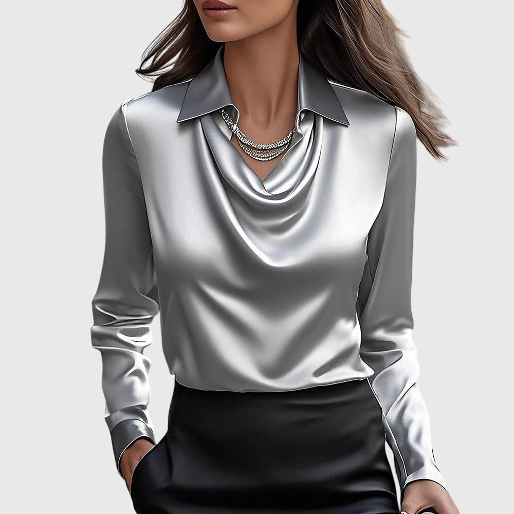 Cowl Neck Long Sleeve Blouse - Silver