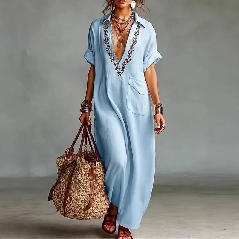 Embroidered Boho Maxi Dress - Sky Blue