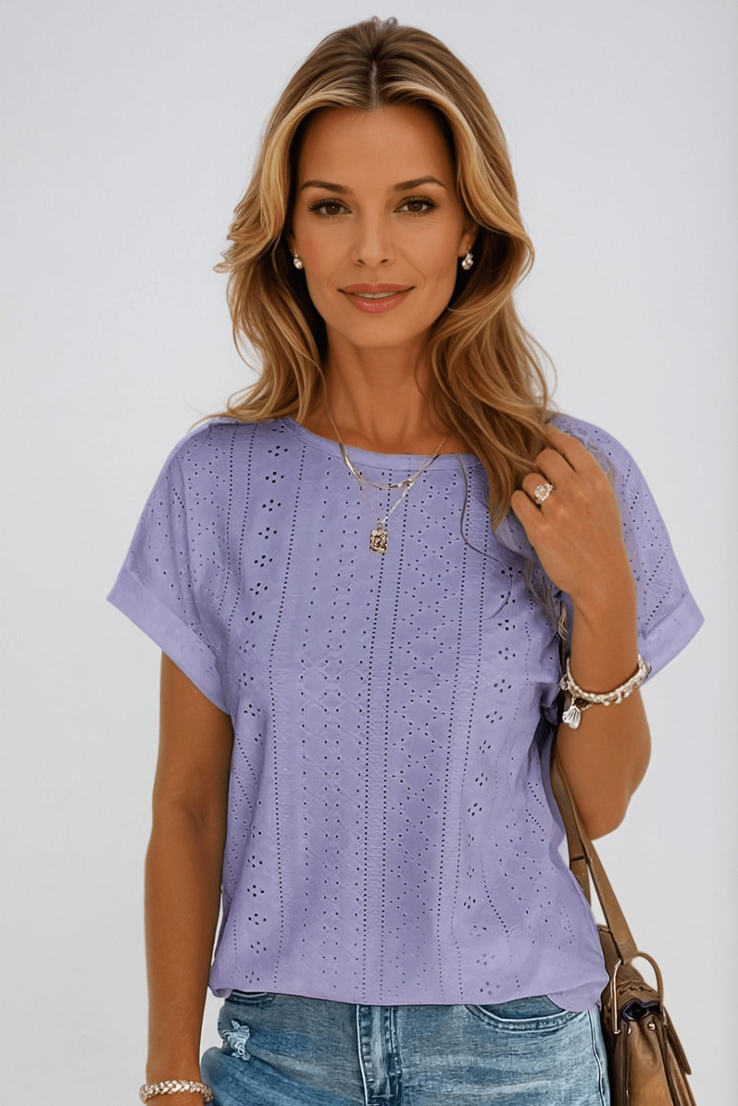 Embroidered Short Sleeve Blouse - Light Purple
