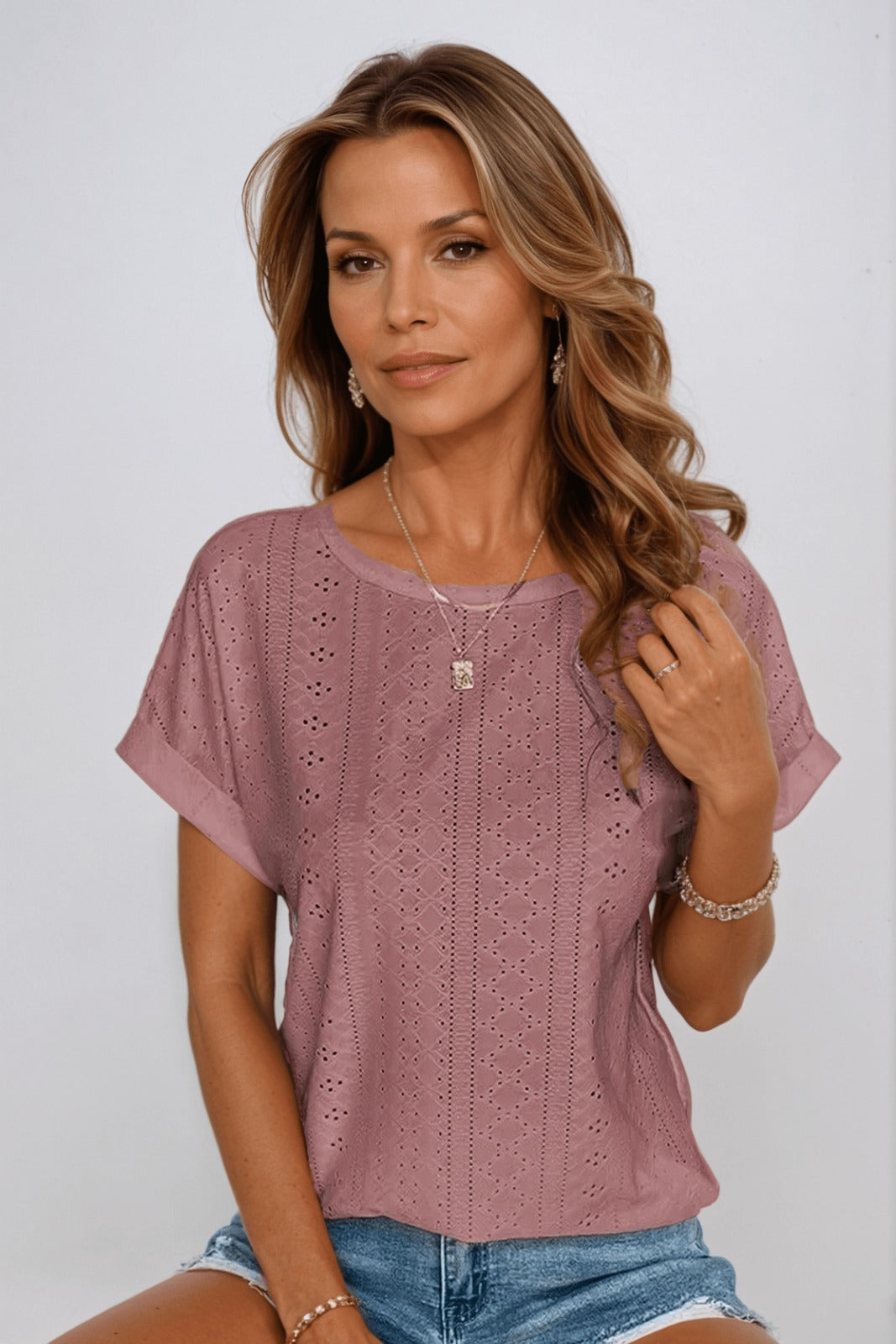 Embroidered Short Sleeve Blouse - Mauve Pink