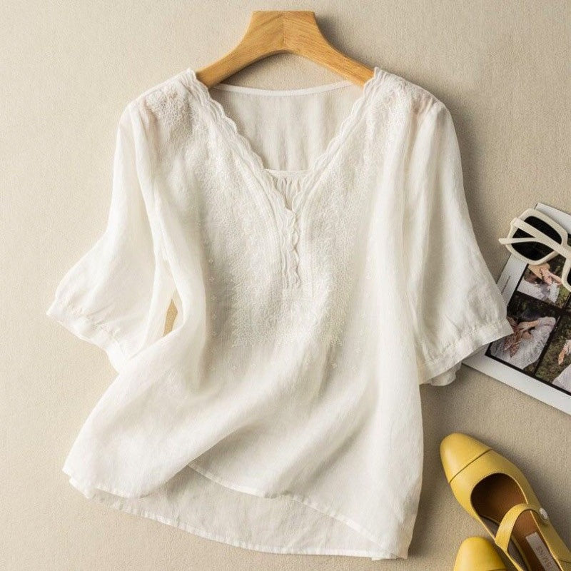Embroidered V Neck Blouse - Cloud White