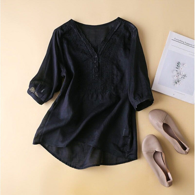 Embroidered V Neck Blouse - Midnight Black