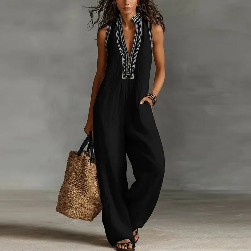Embroidered Wide Leg Jumpsuit - Black