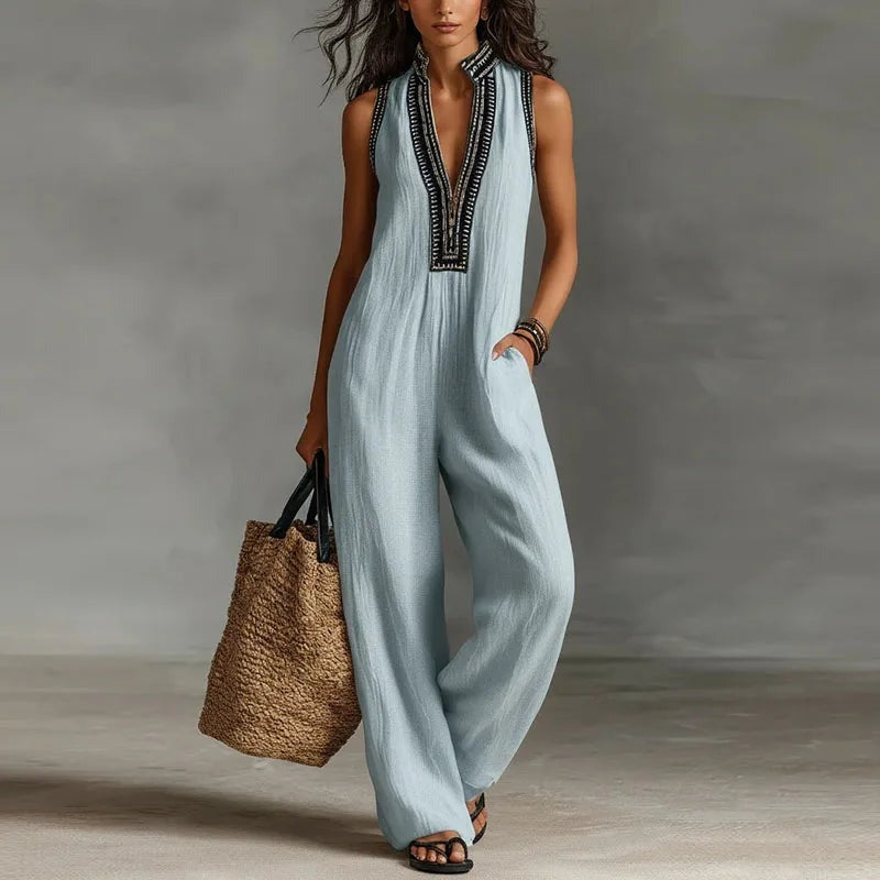 Embroidered Wide Leg Jumpsuit - Sky Blue