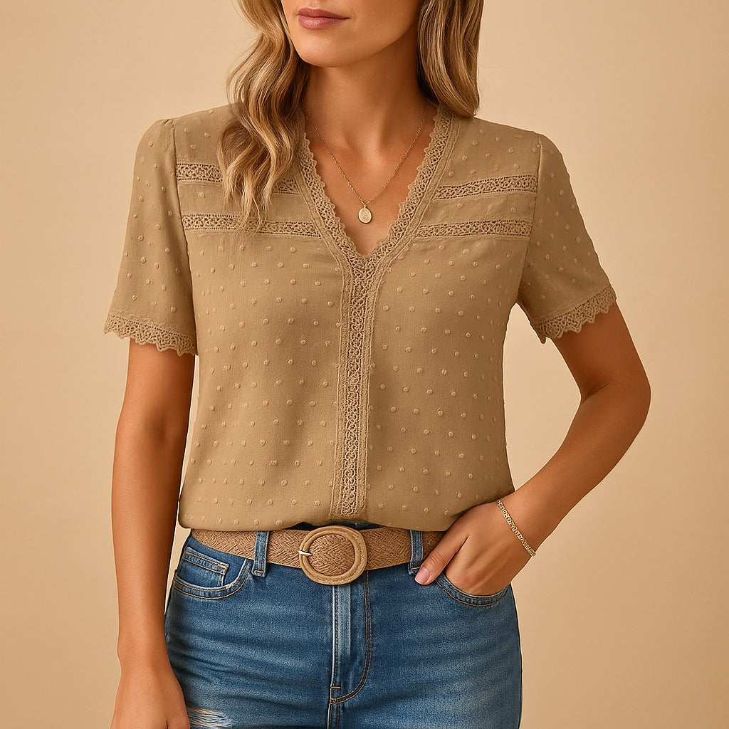 Eyelet V Neck Top - Khaki