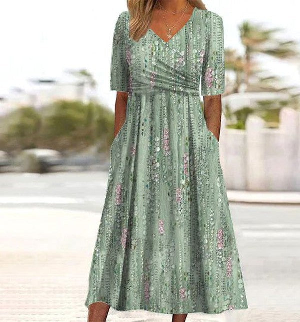Floral A Line Midi Dress - Green