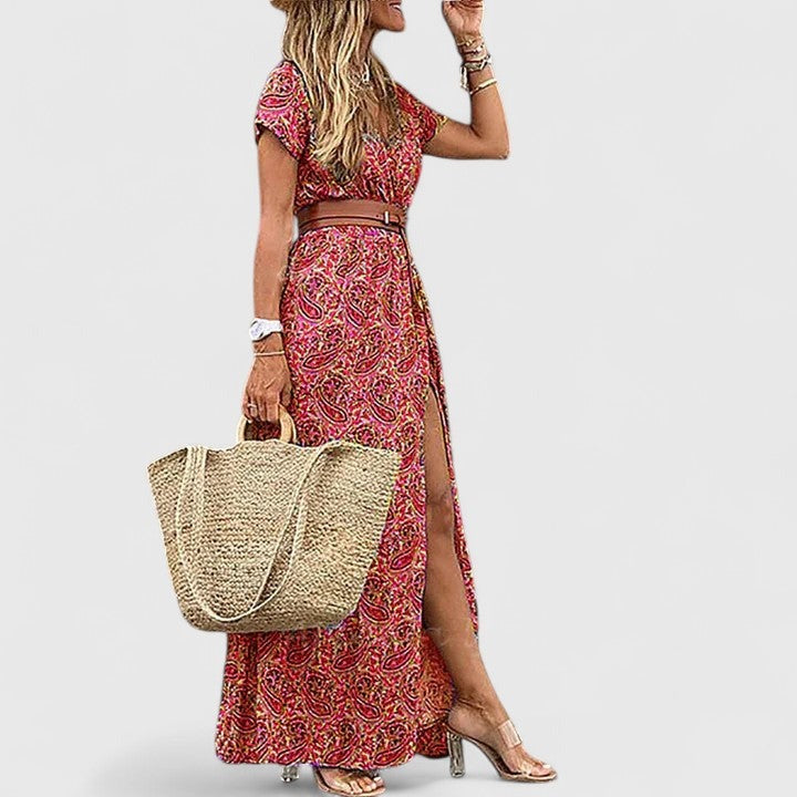 Floral Boho Maxi Dress - Dark Red