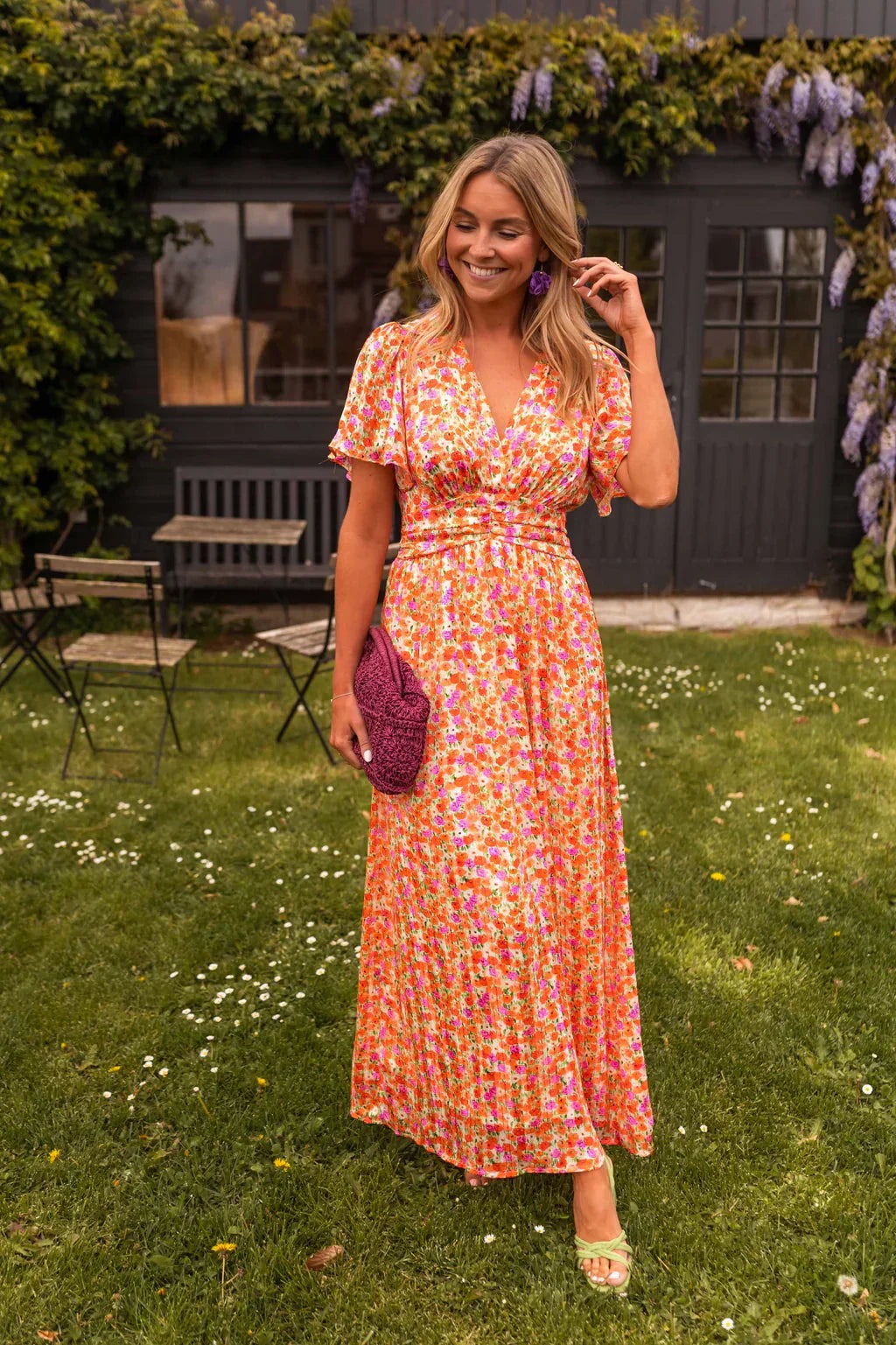 Floral Flutter Sleeve Maxi Dress - Orange