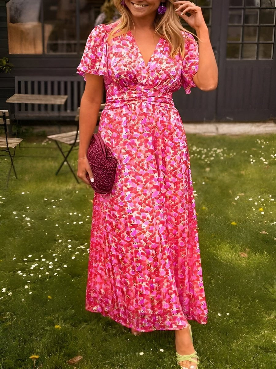 Floral Flutter Sleeve Maxi Dress - Pink