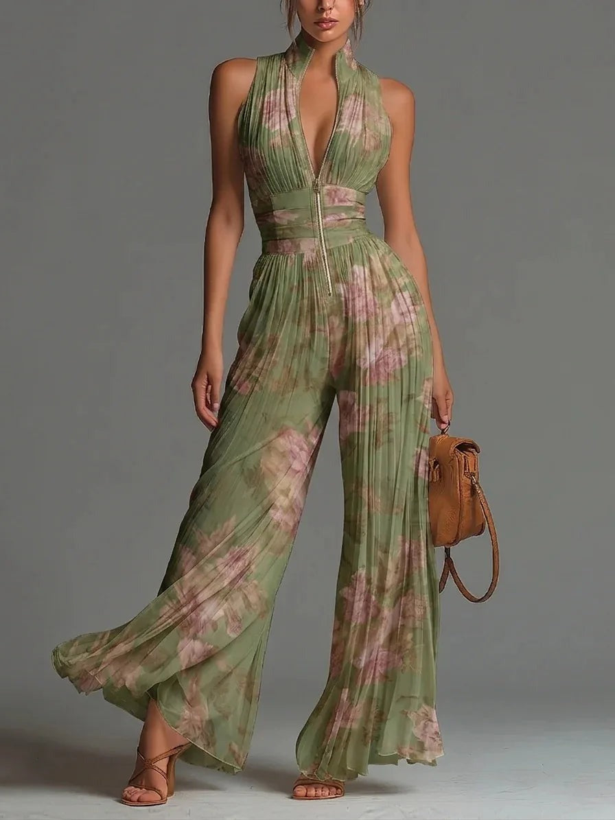 Floral Halter Wide Leg Jumpsuit - Green