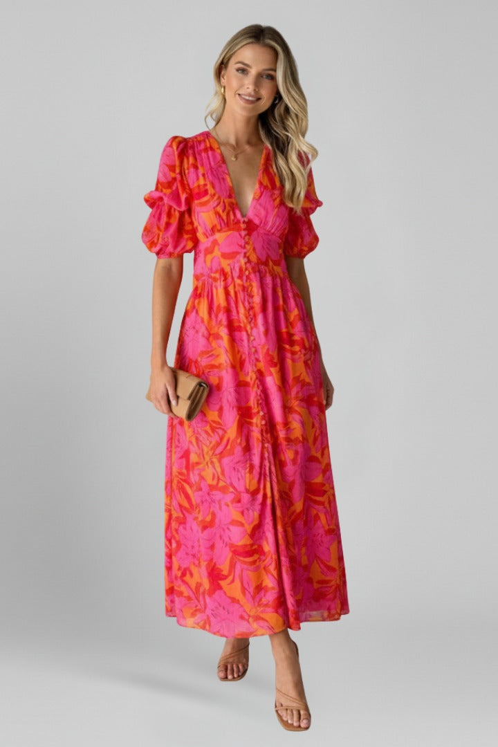 Floral Puff Sleeve Maxi Dress - Red