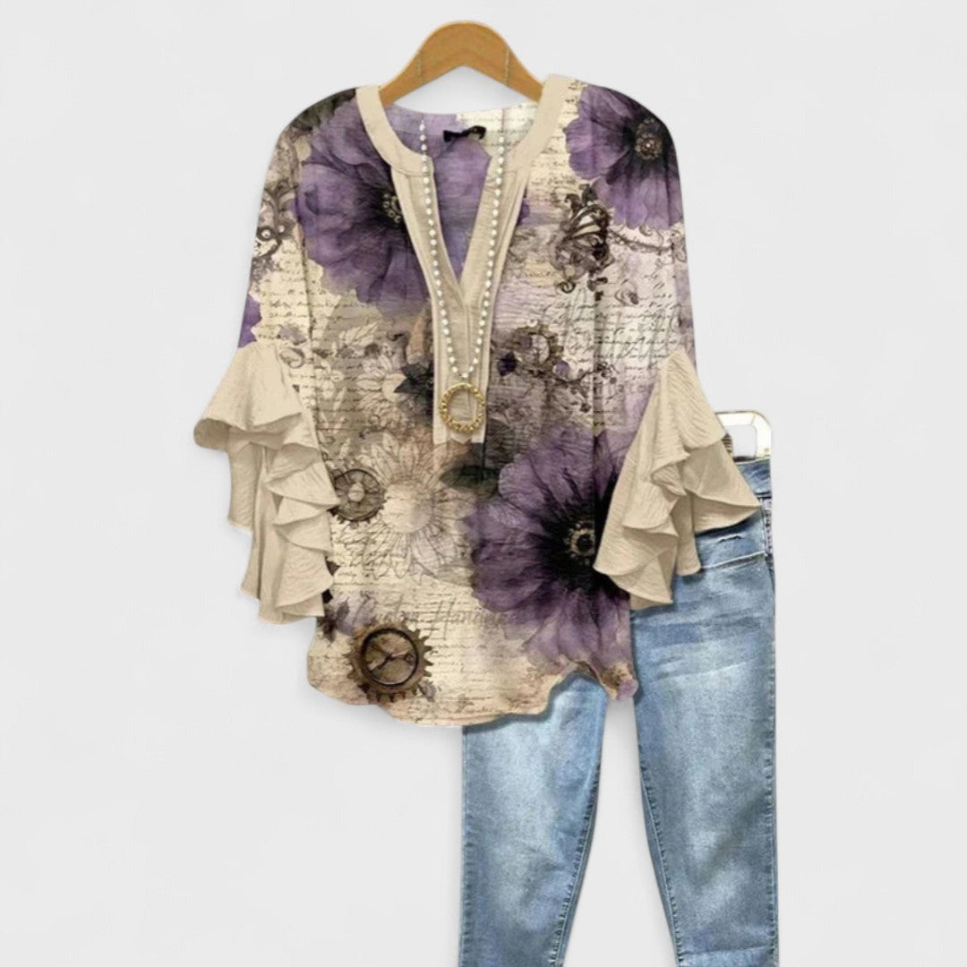 Floral Ruffle Sleeve Blouse - Beige