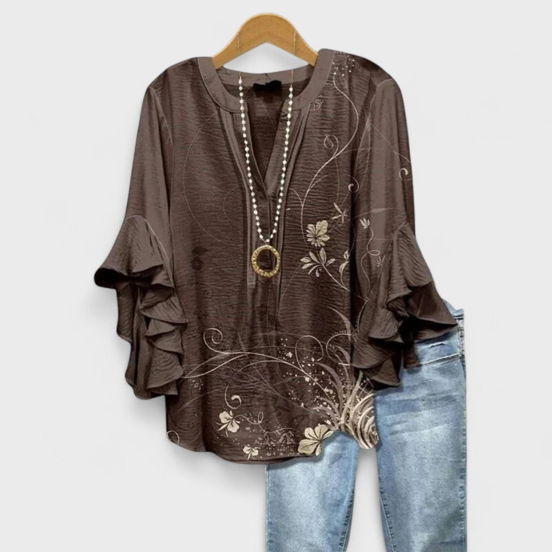 Floral Ruffle Sleeve Blouse - Brown