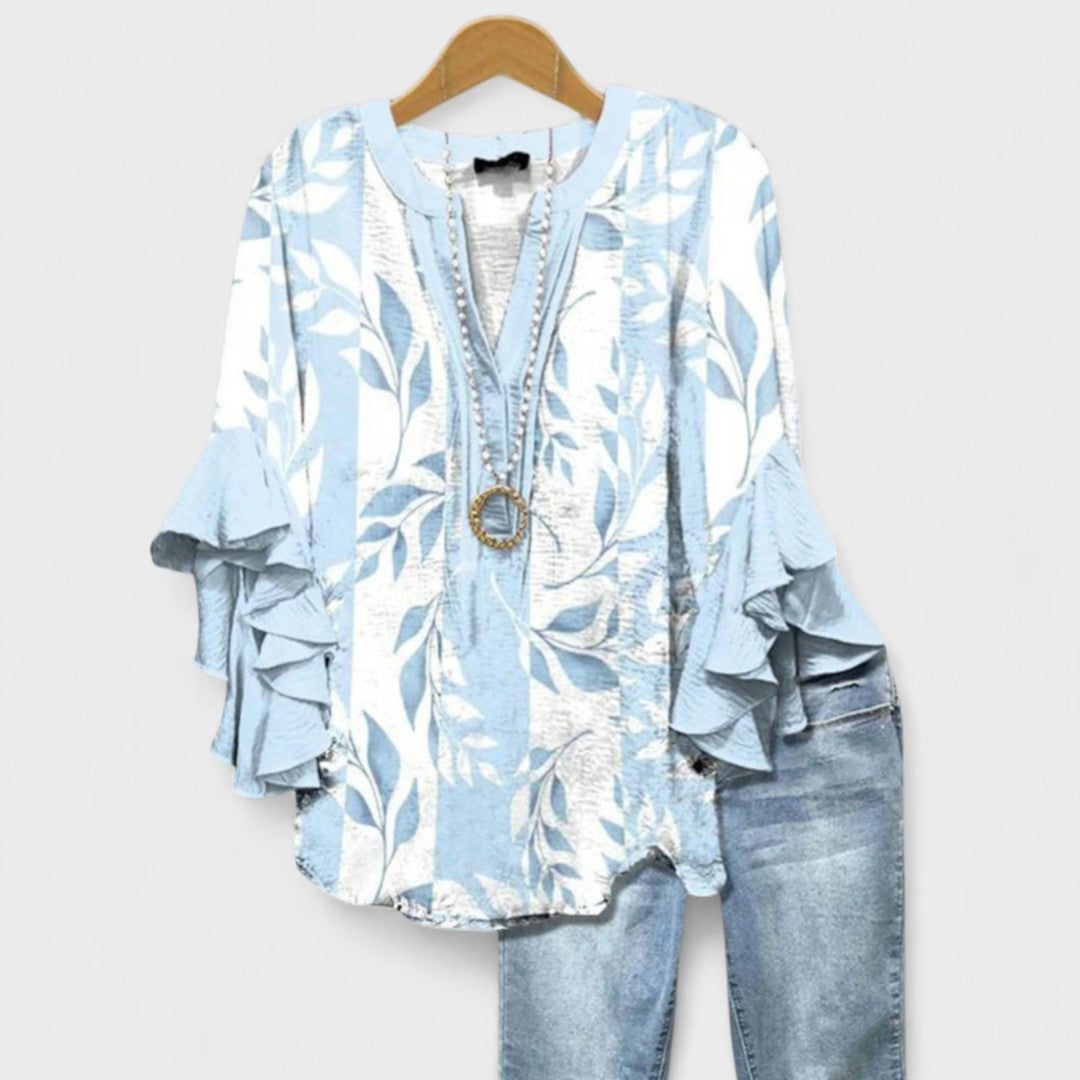 Floral Ruffle Sleeve Blouse - Light Blue