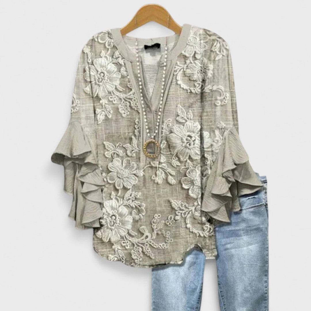 Floral Ruffle Sleeve Blouse - Light Brown
