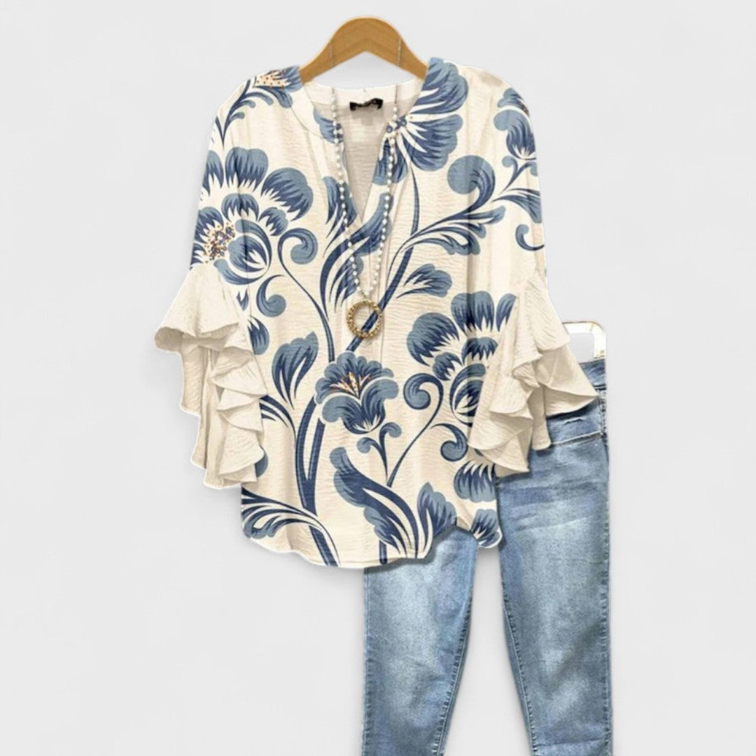 Floral Ruffle Sleeve Blouse - White Blue