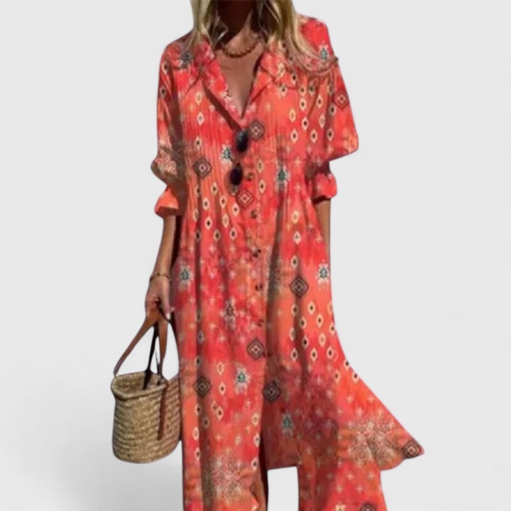 Floral Shirt Maxi Dress - Rouge