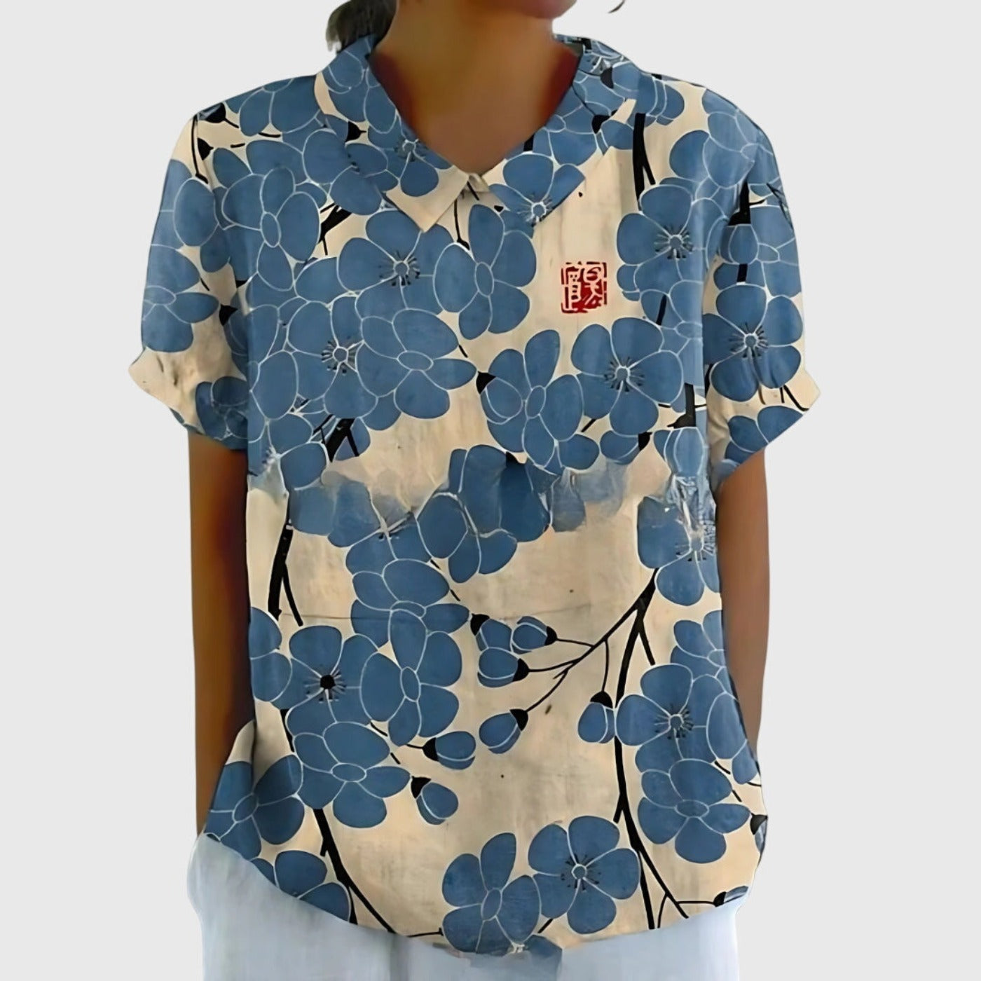 Floral Short Sleeve Blouse - Dusty Blue