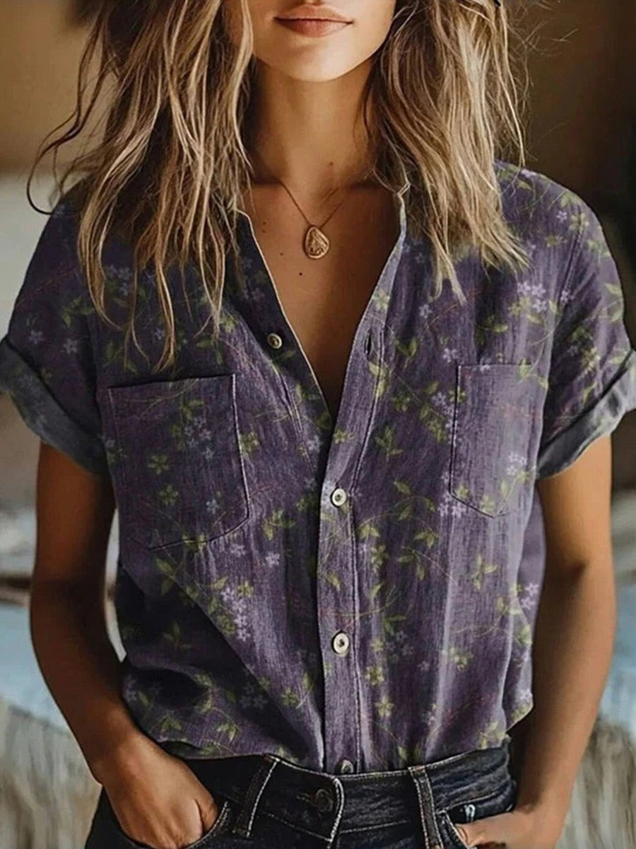 Floral Short Sleeve Blouse - Purple