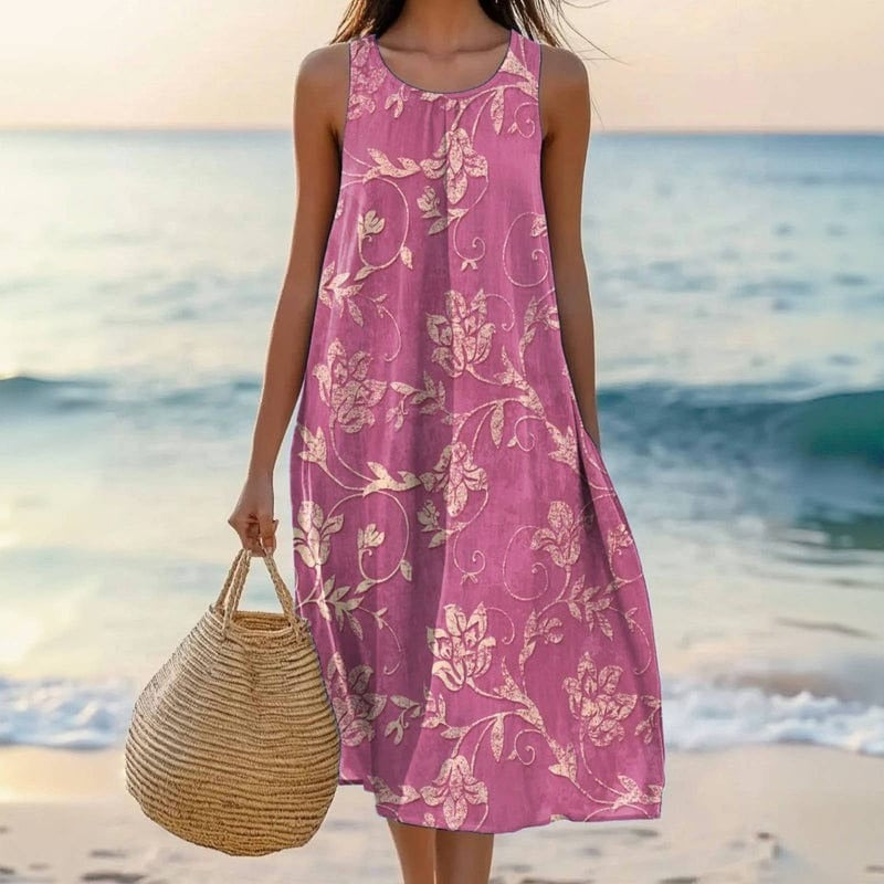 Floral Summer Midi Dress - Rose Red