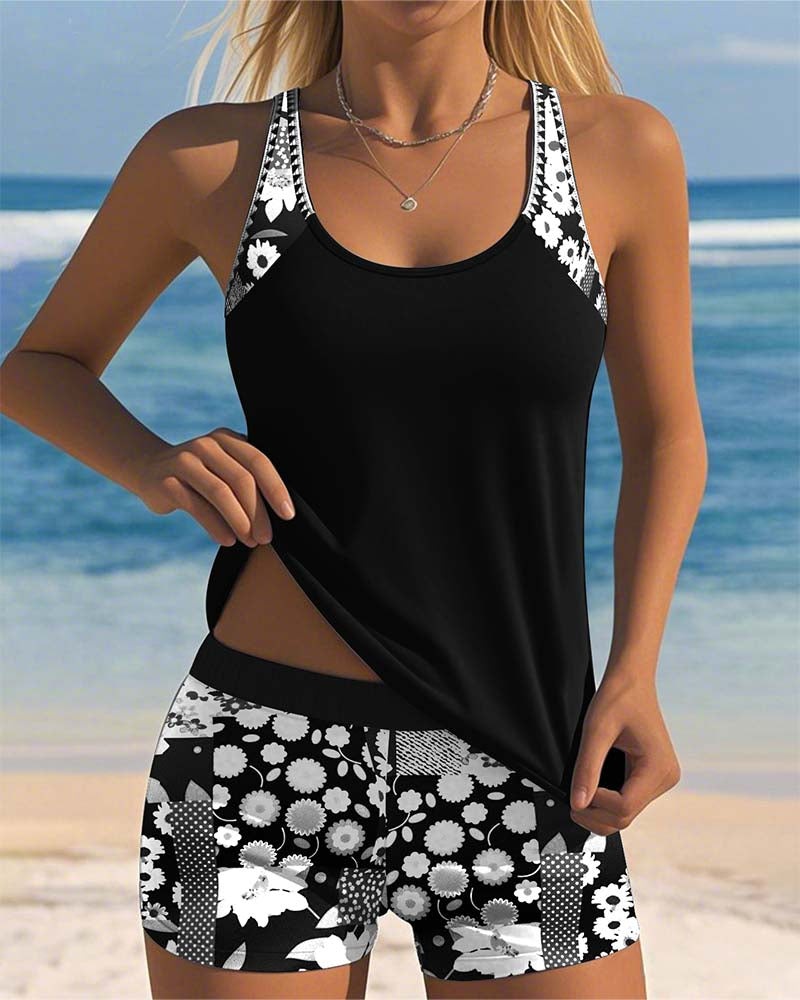 Floral Tankini Swimsuit Set - Black