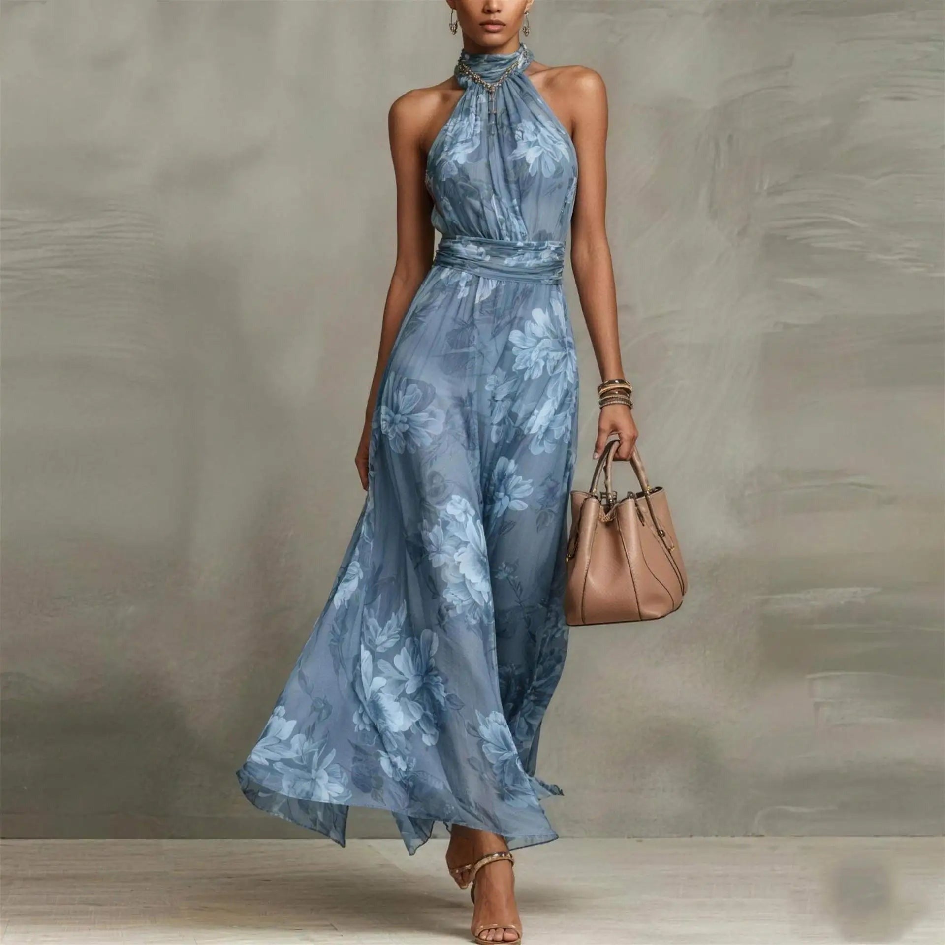 Floral Wedding Guest Maxi Dress - Blue