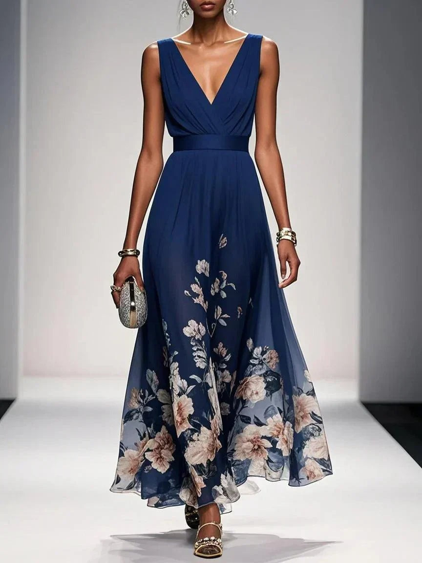 Floral Wedding Guest Maxi Dress - Navy Blue