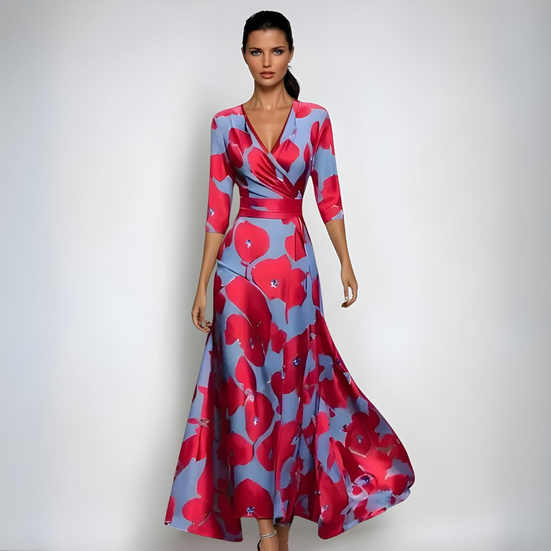 Floral Wedding Guest Maxi Dress - Red/Blue