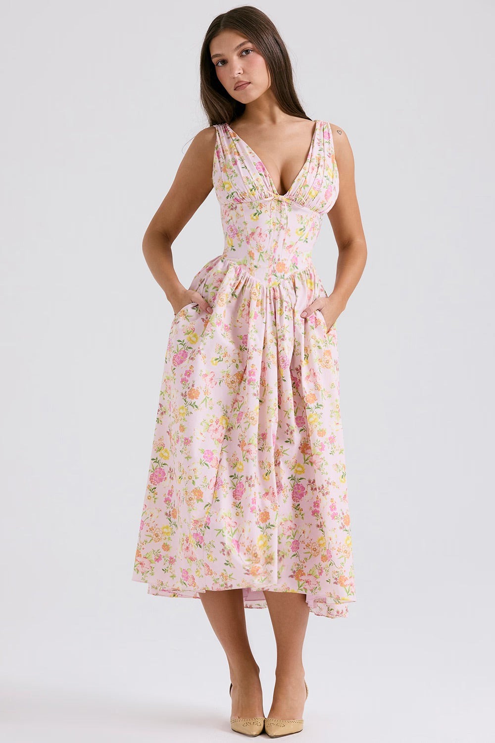 Floral Wedding Guest Midi Dress - Pink Floral