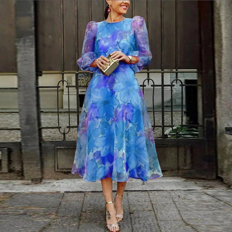 Floral Wedding Guest Midi Dress - Royal Blue