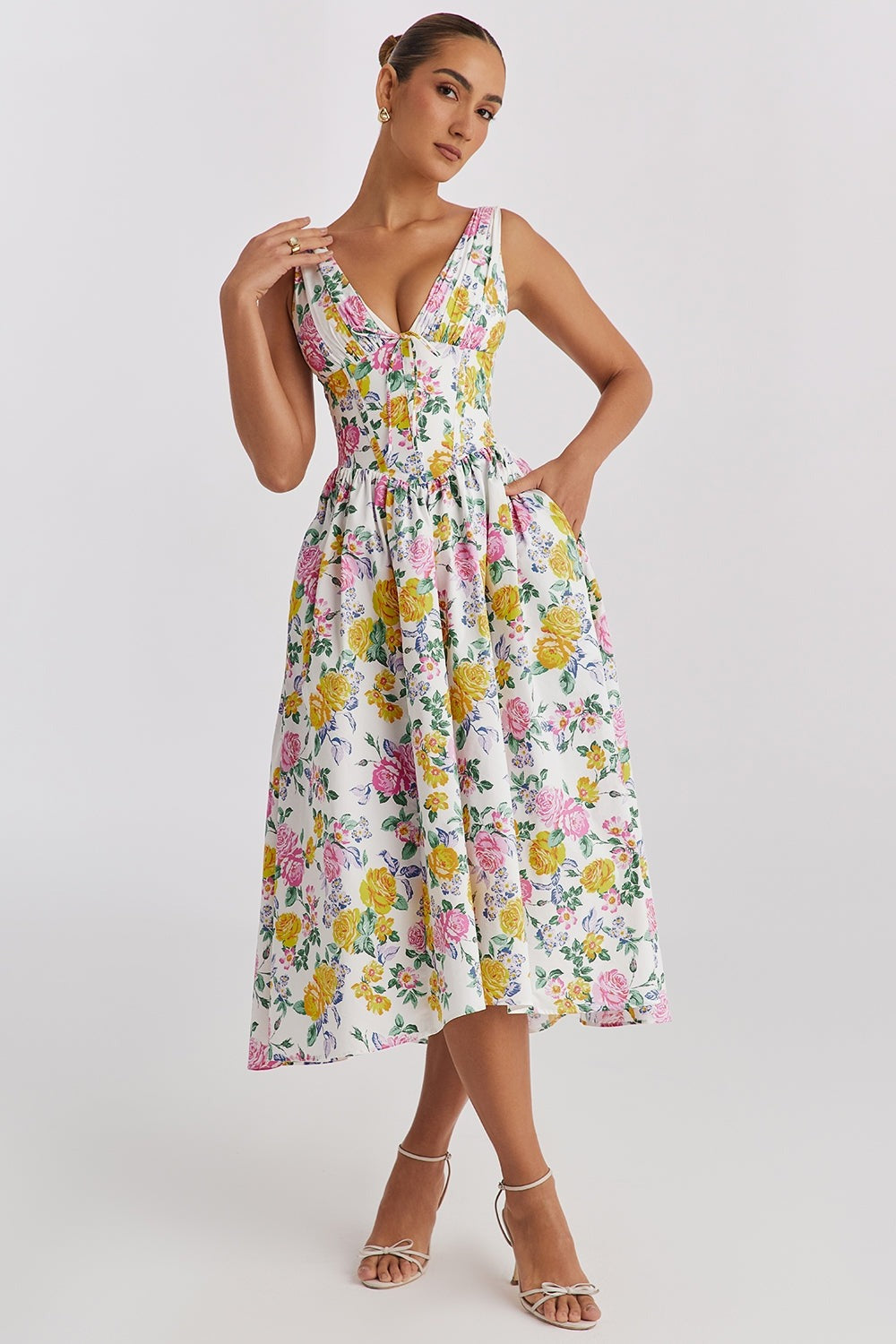 Floral Wedding Guest Midi Dress - Yellow Floral