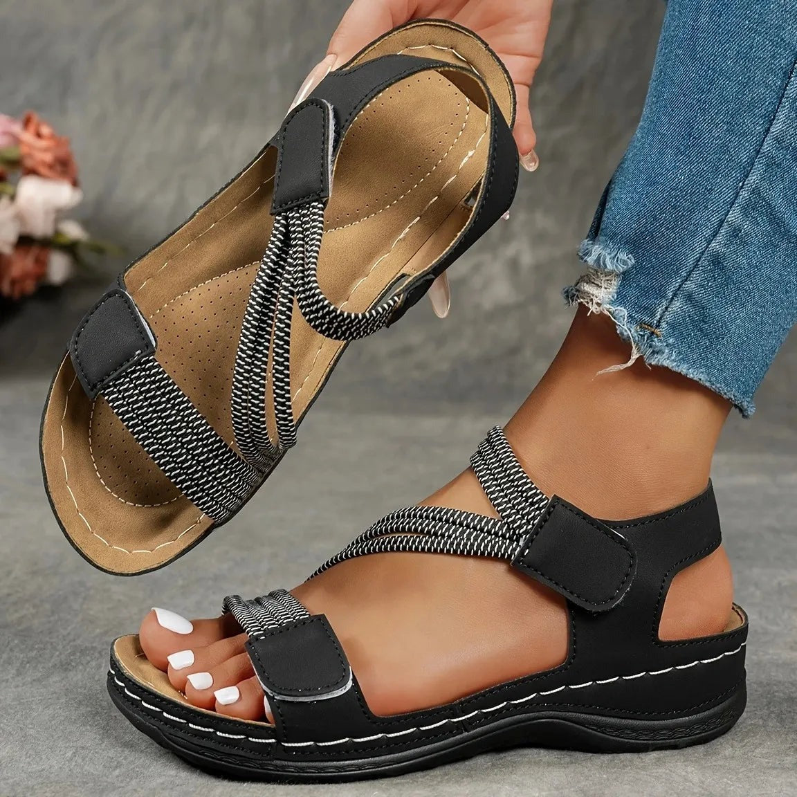 Floral Wedge Slide Sandals - Black