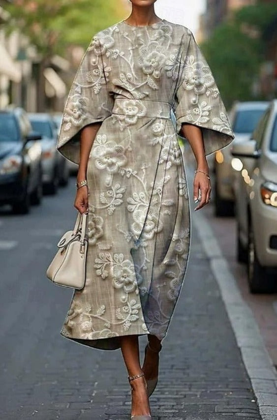 Floral Wrap Midi Dress - Beige