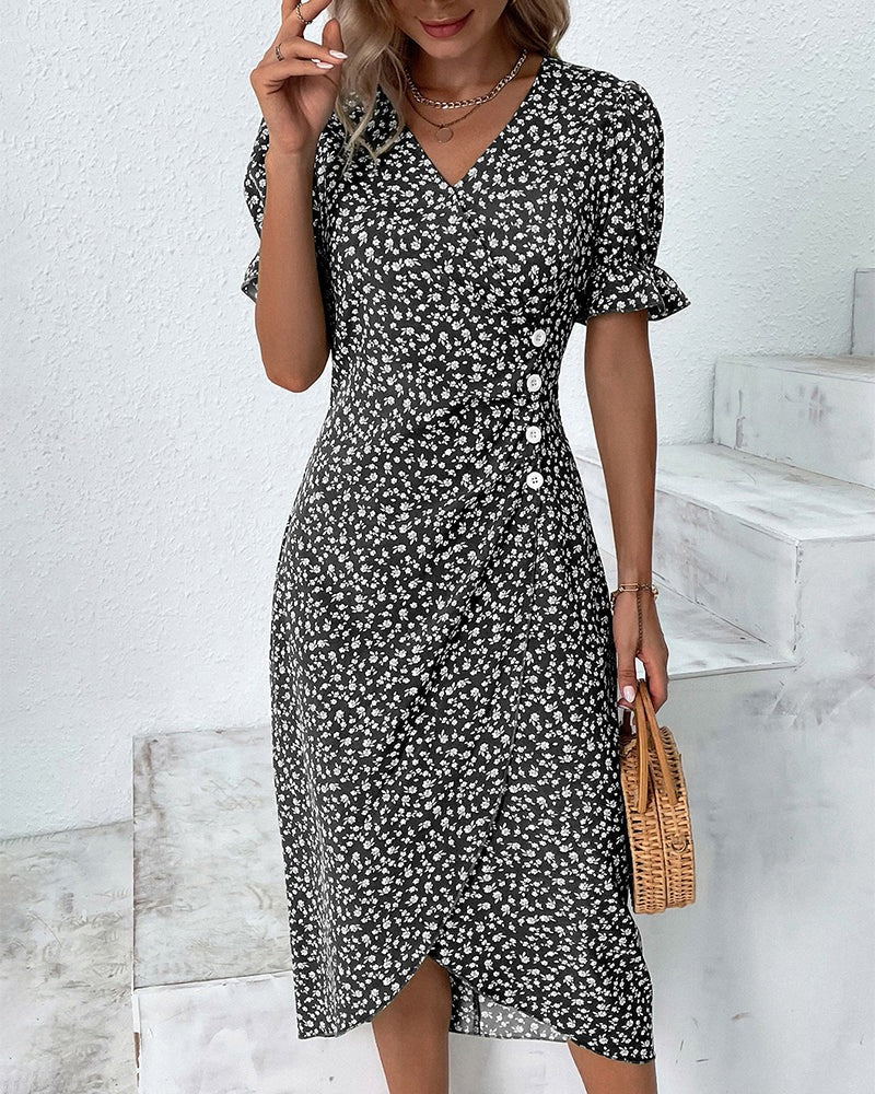 Floral Wrap Midi Dress - Black