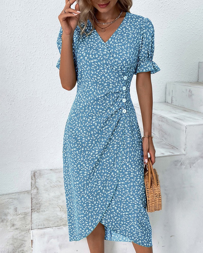 Floral Wrap Midi Dress - Blue