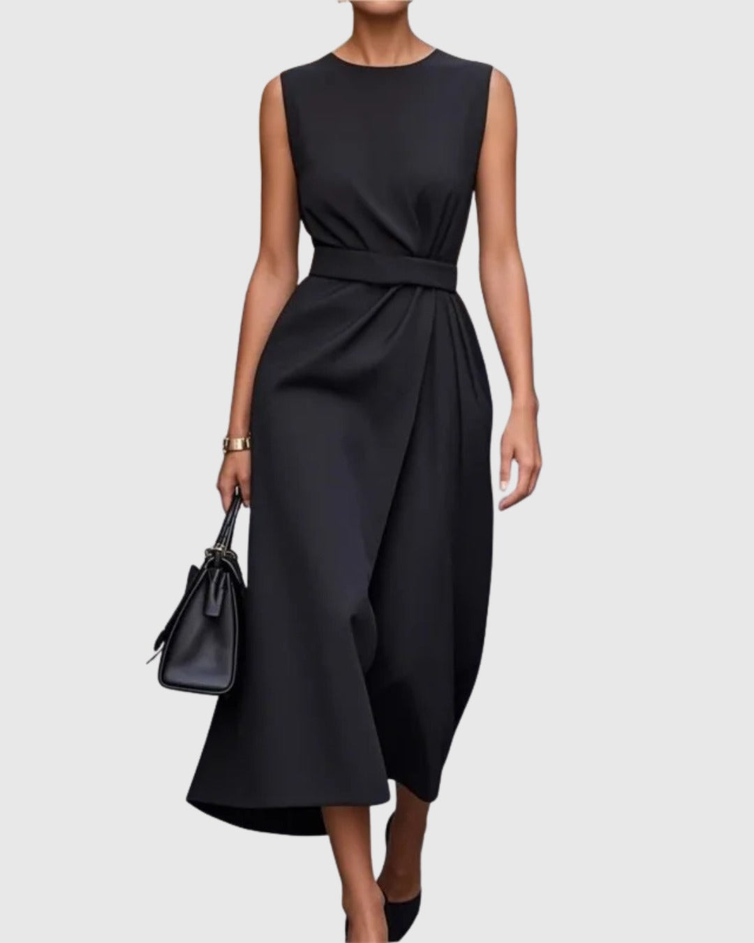 Formal Ruched Midi Dress - Black