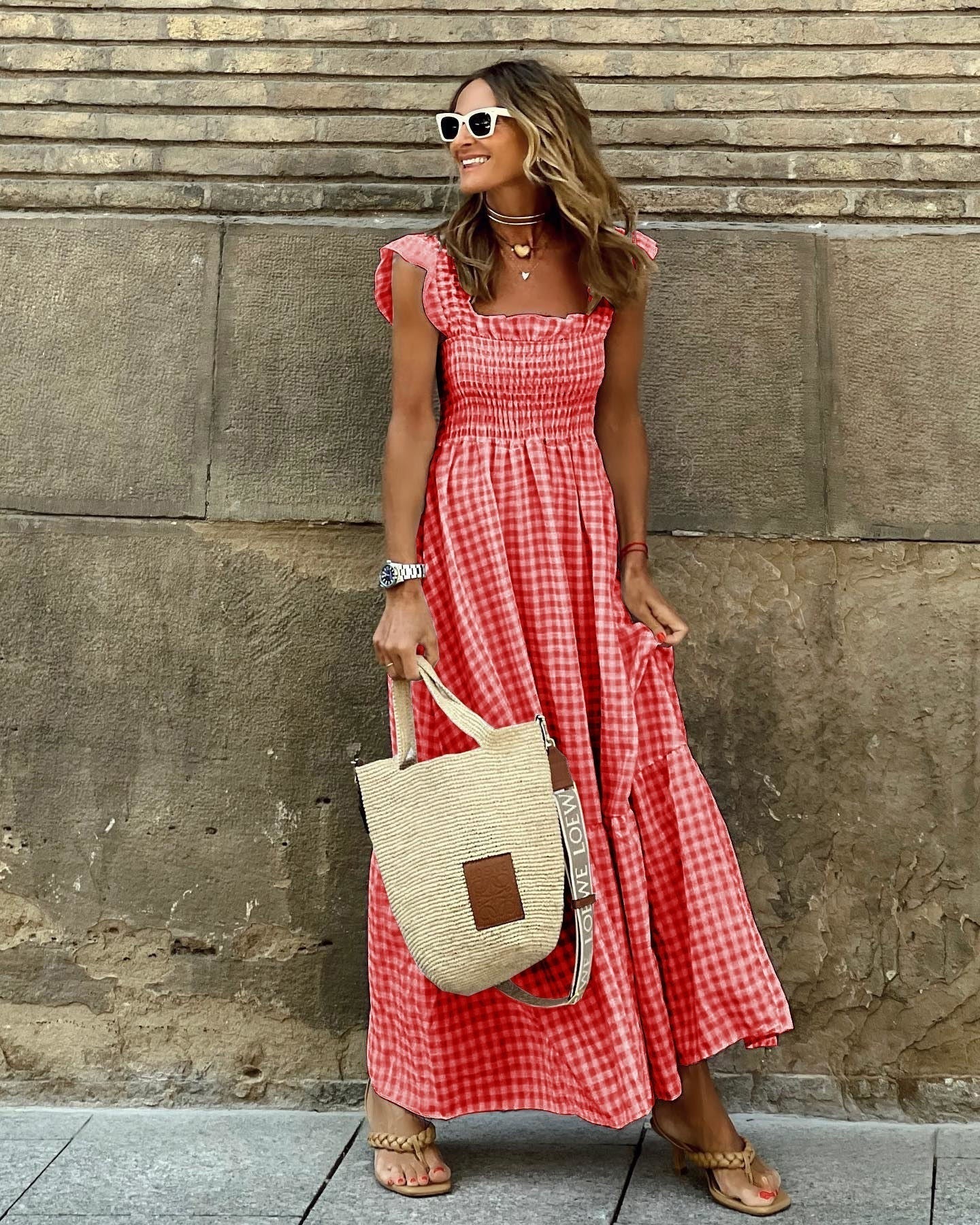 Gingham Maxi Dress - Red