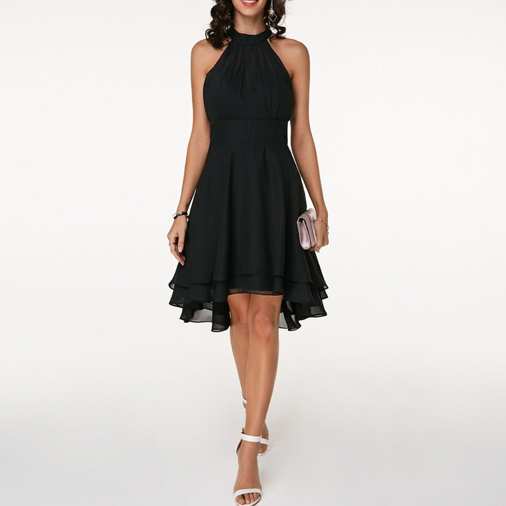 Halter Tiered Cocktail Dress - Black