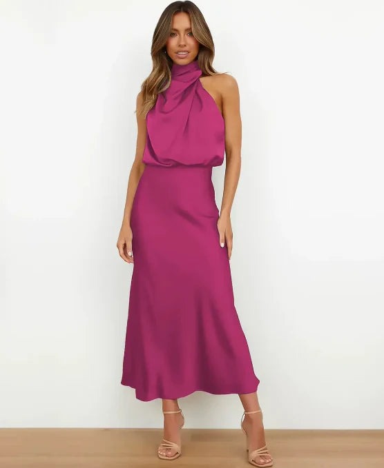 Halter Wedding Guest Midi Dress - Pink