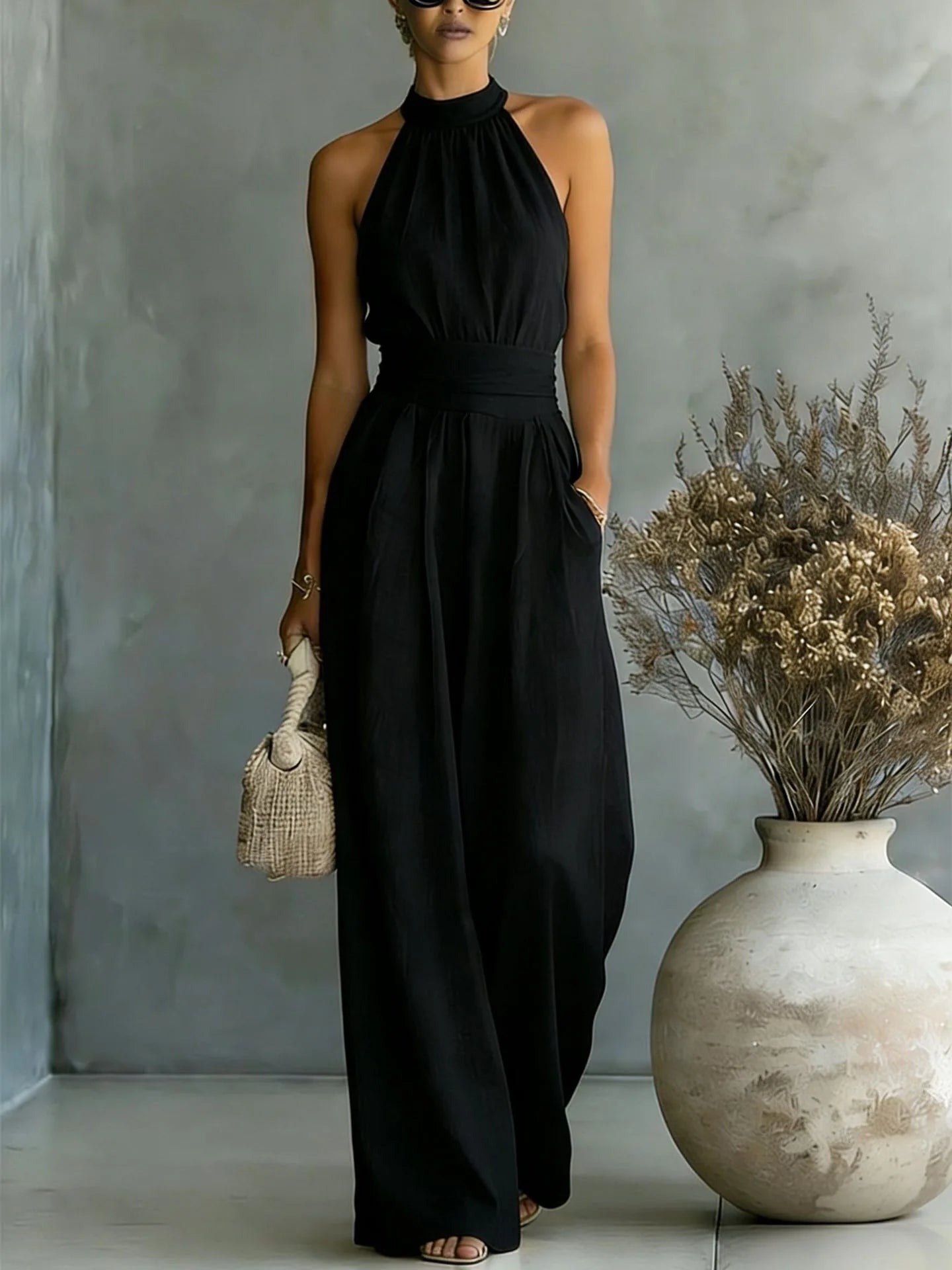 Halter Wide Leg Jumpsuit - Black