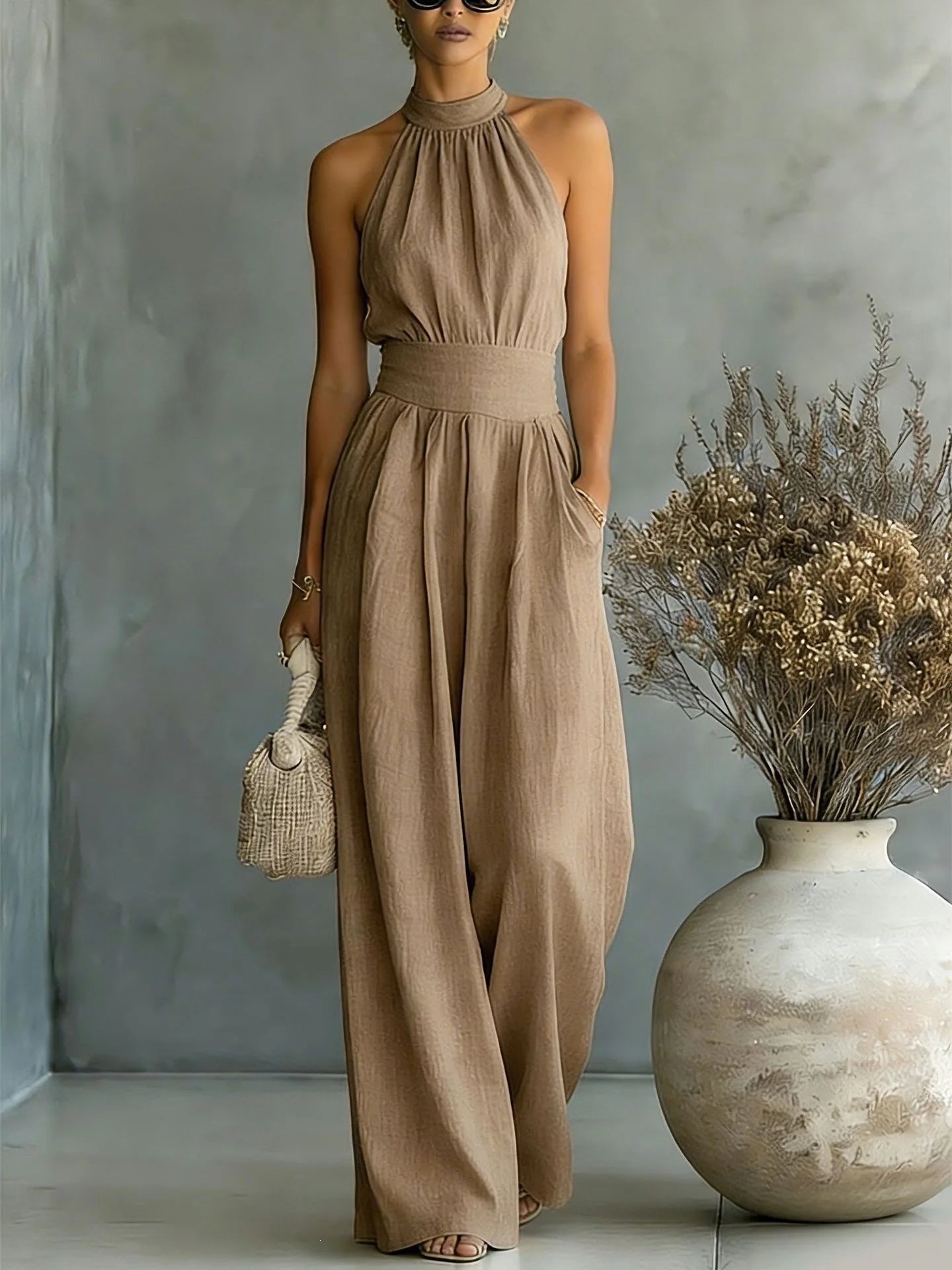 Halter Wide Leg Jumpsuit - Brown