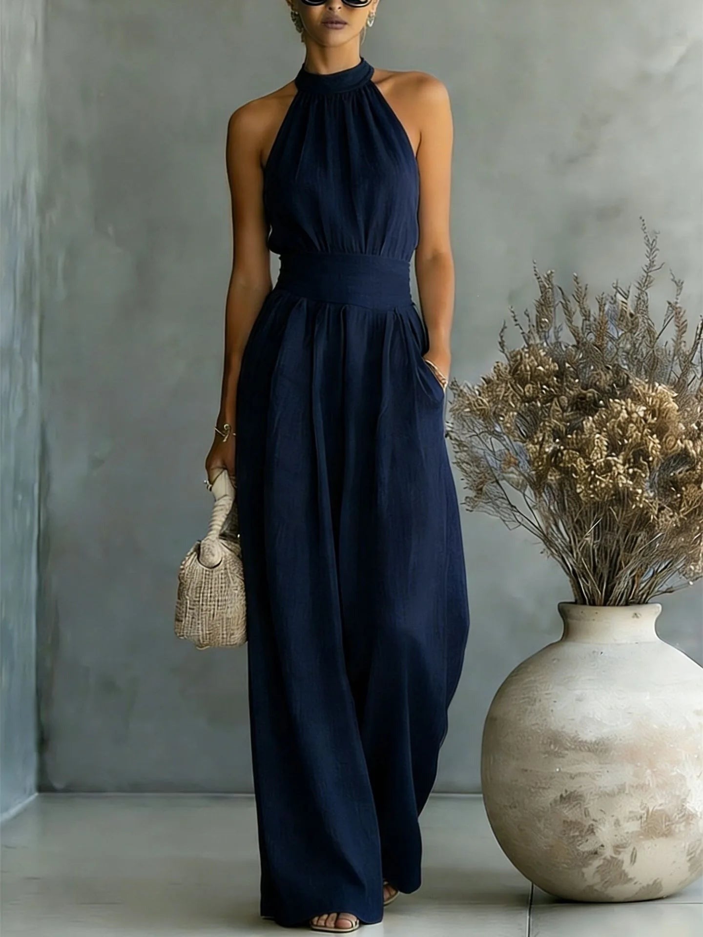 Halter Wide Leg Jumpsuit - Dark Blue