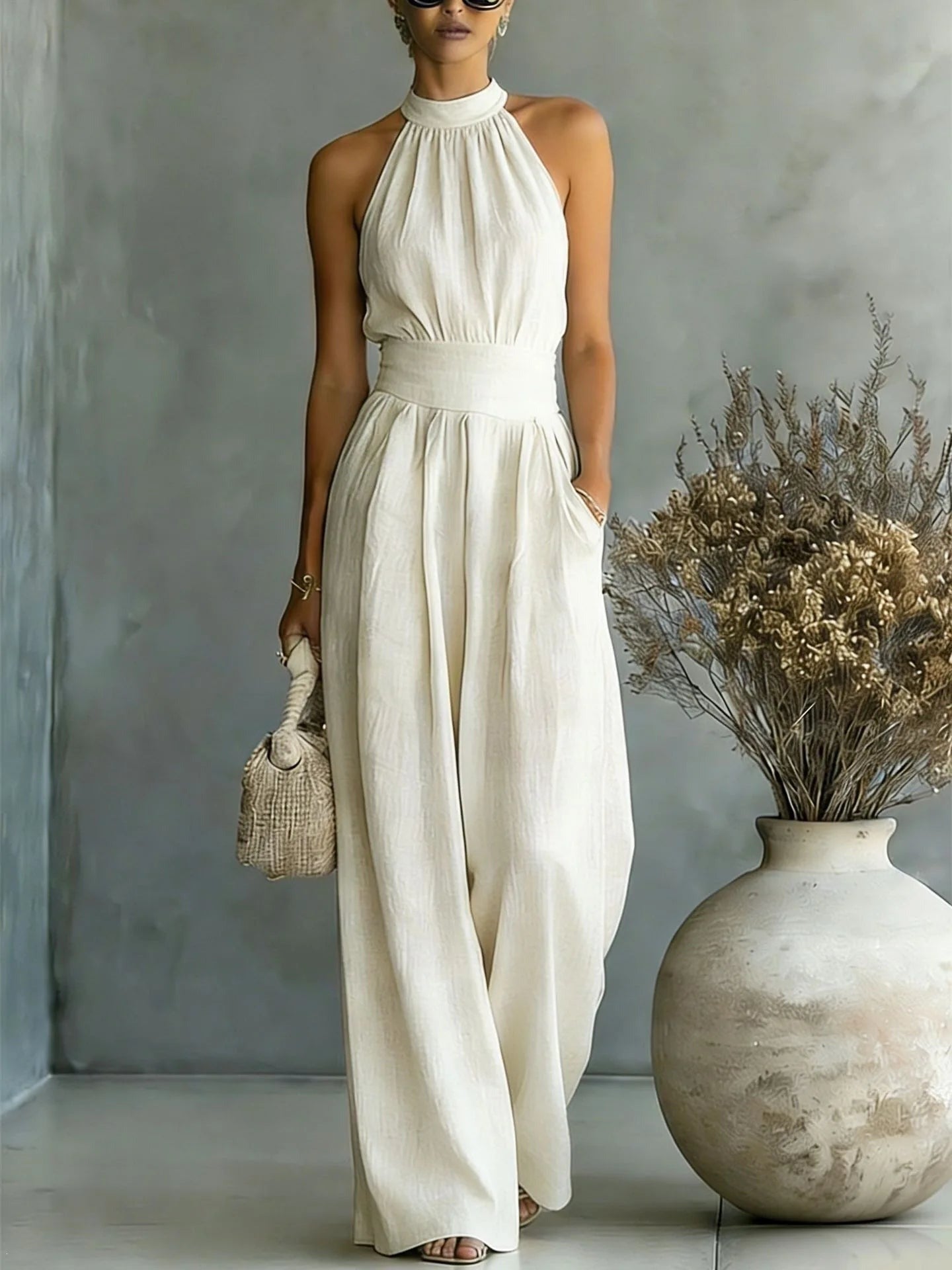Halter Wide Leg Jumpsuit - White